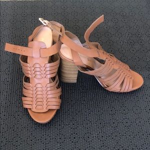 Tan, heeled, strapped sandals